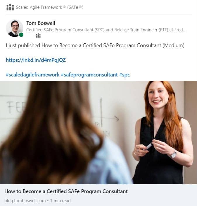 Certifed SAFe Program Consultant article on Medium LinkedIn post