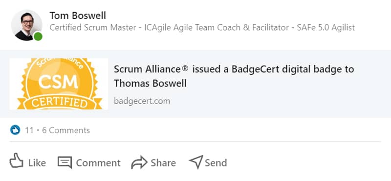 Tom Boswell Certified Scrum Master badge